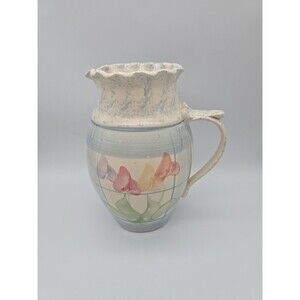 Cheri Studio Pottery Ruffled Edge Large Pitcher Hand Painted Tulips Signed